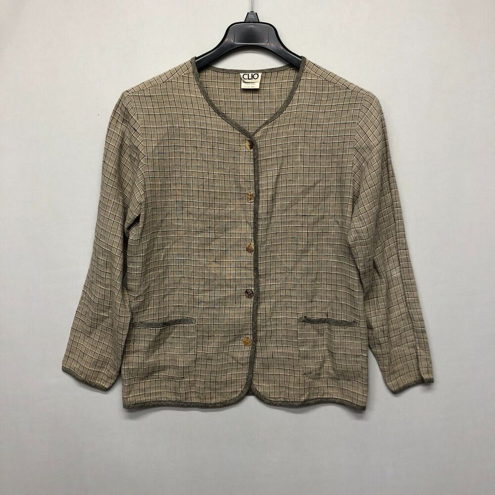 Vintage Clio Women Long Sleeve 100% Linen Cardigan Top Shirt Size Small M138 -27